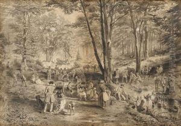 Foret De Fontainebleau, Un Dejeuner D'artistes Dans Les Fosses Rouges Oil Painting by Alphonse Vallot