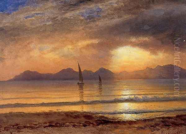 Sunset Over A Mountain Lake2 Oil Painting by Albert Bierstadt