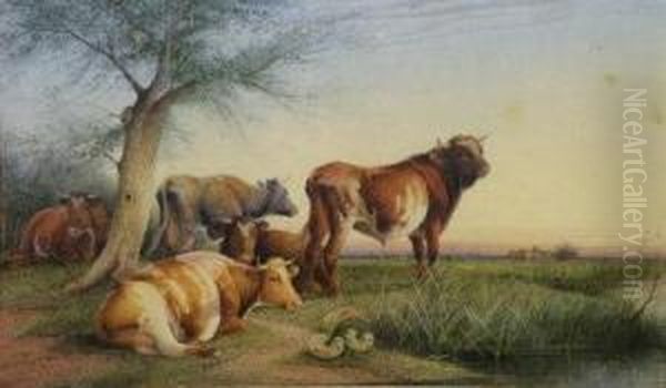 Cattle In A Meadow Oil Painting by Frederick E. Valter