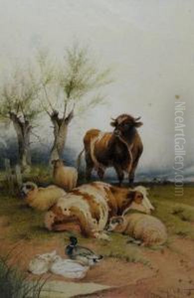 Cattle, Sheep, And Ducks On A Bank Oil Painting by Frederick E. Valter