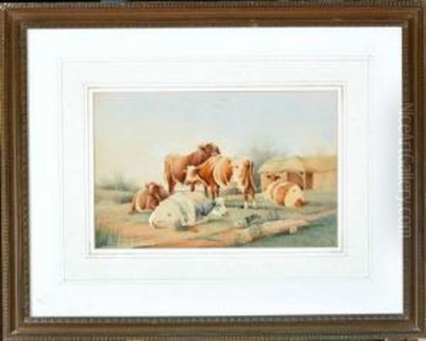 Cattle In A Meadow Near A Barn Oil Painting by Frederick E. Valter