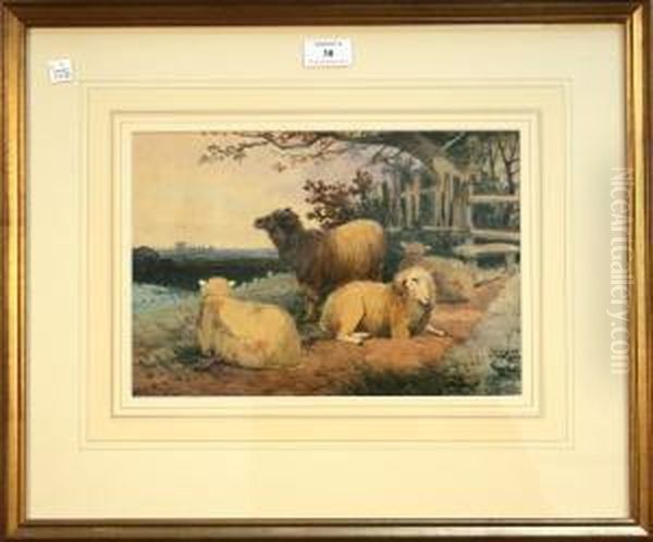 Study Of Sheep Near A Stile, Windsor Castle In The Distance Oil Painting by Frederick E. Valter