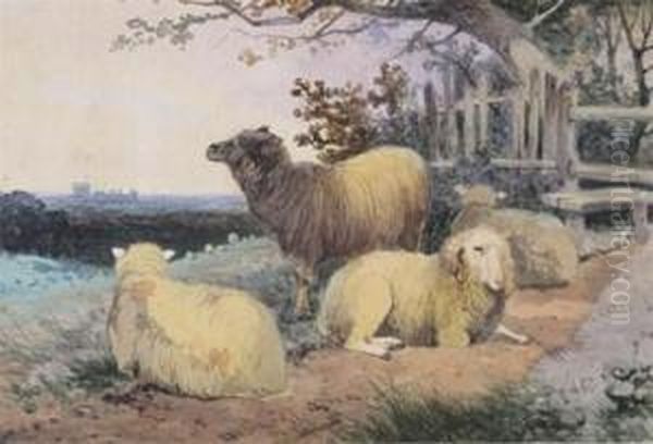 Sheep By A Stile, Windsor Castle Beyond Oil Painting by Frederick E. Valter