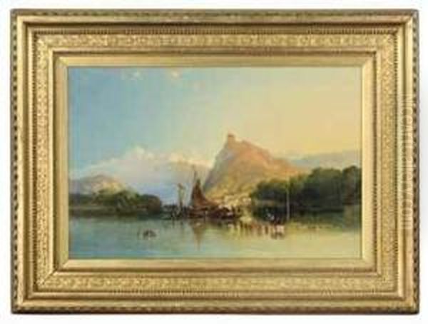 Loading The Boats On An Alpine Lake Oil Painting by Henry Valter