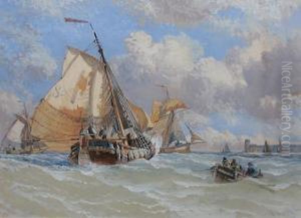 Fishing Boats In A Choppy Sea Off A Harbour Oil Painting by Henry Valter