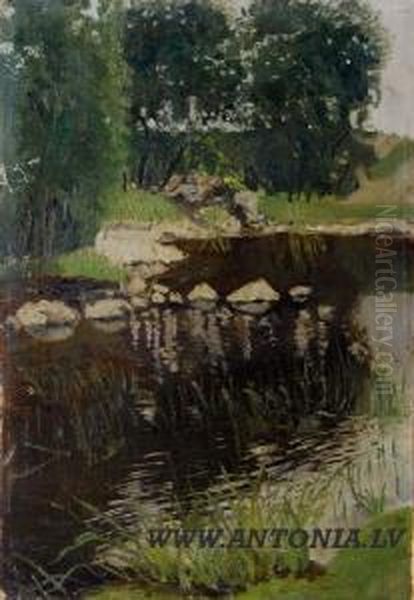 Banks Of River Oil Painting by Janis Valters