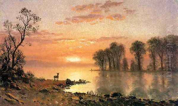 Sunset Deer And River Oil Painting by Albert Bierstadt