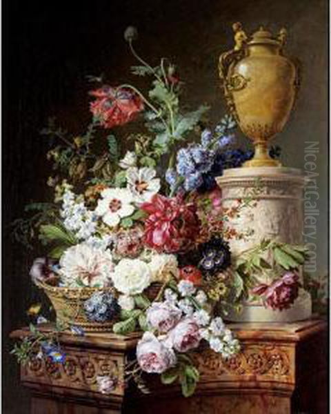 Still Life Of Flowers In A Basket With Two Butterflies, A Dragonfly, A Fly And A Beetle By An Alabaster Urn On A Marble Pedestal, Carved With Bacchantes Sacrificing Before A Herm, All On A Sculpted Marble Plinth Oil Painting by Gerard Van Spaendonck