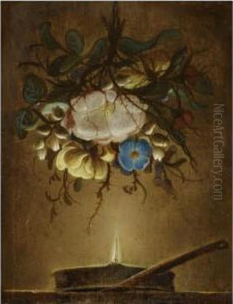 Still Life With A Bouquet Of Flowers Hanging Above A Candle Oil Painting by Evert Van Aelst