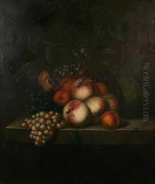 Still Life Of Apples, Oranges, Grapes And Melon On A Ledge Oil Painting by Evert Van Aelst