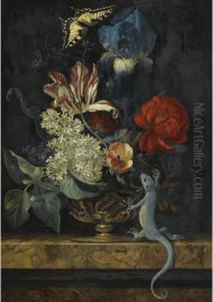 A Still Life With Tulips And Other Flowers In A Vase On A Marble Ledge, With A Lizard And A Butterfly Oil Painting by Willem Van Aelst