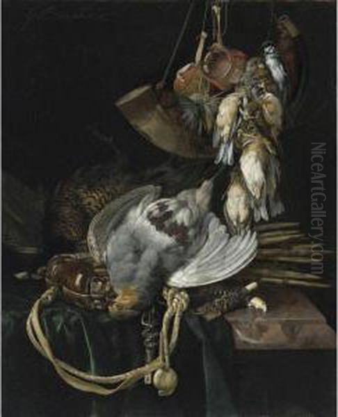 A Partridge, A Pheasant, A Hunting Bag And Traps On A Partiallydraped Ledge, Songbirds, A Hunting Horn And Hawking Hoods Hangingabove Oil Painting by Willem Van Aelst