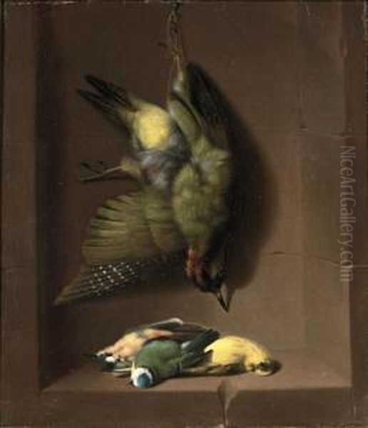 A Woodpecker, Bluetit And Other Songbirds In A Niche Oil Painting by Willem Van Aelst