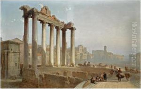 Figures Near The Temple Of Saturn On The Forum Romanum, Rome Oil Painting by Graaf Bylandt Alfred Edouard Van Agenor