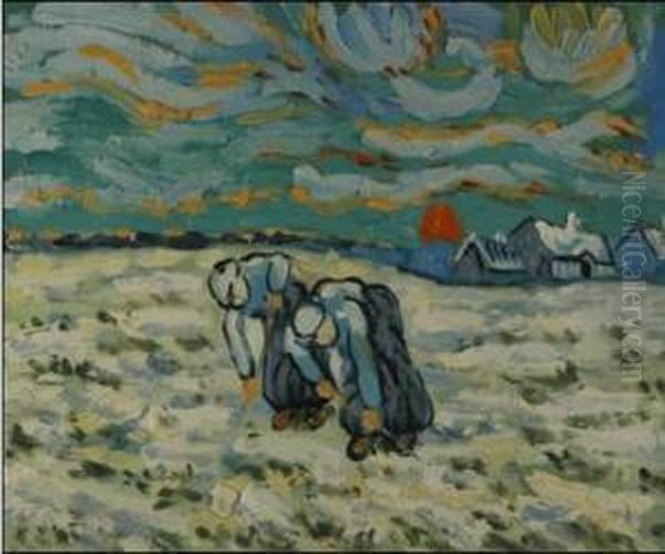 Two Peasant Women Digging In A Field With Snow Oil Painting by Arnold Van Aken