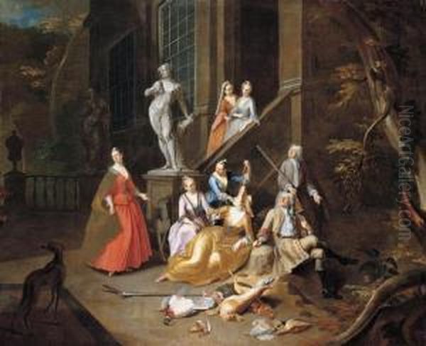 Portrait Group Of An Elegant Hunting Party Oil Painting by Arnold Van Aken