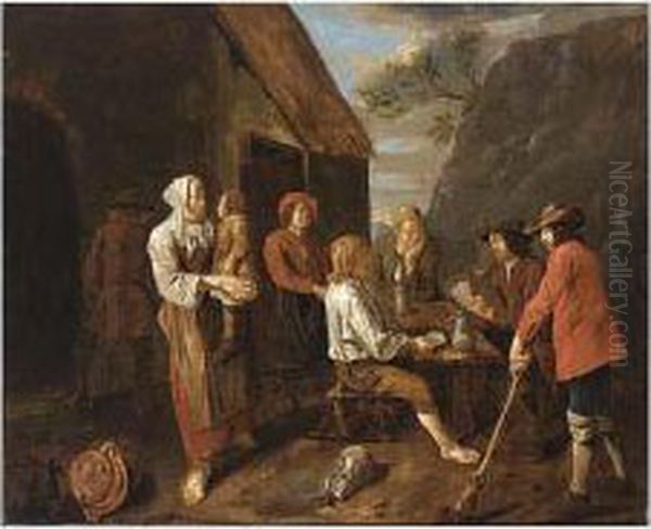 Peasants Drinking And Playing Cards Near An Inn Oil Painting by Francois Van Aken