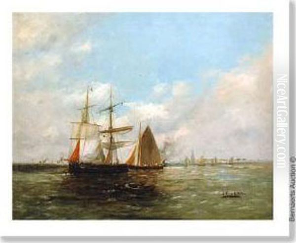 The Antwerproadstead With Yacht. Canvas. Signed J.van Aken Oil Painting by Jan Van Aken