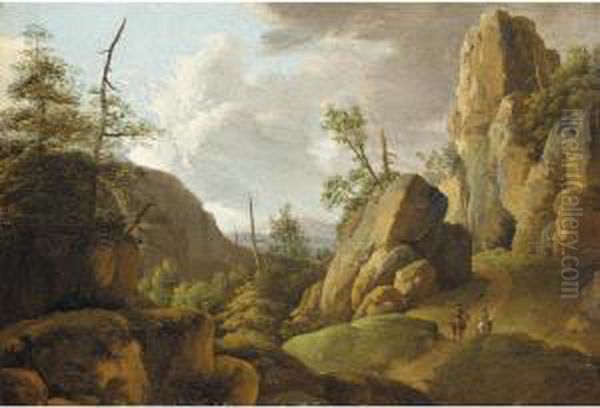 An Extensive Mountainous Landscape With Horsemen On A Road Oil Painting by Jan Van Aken