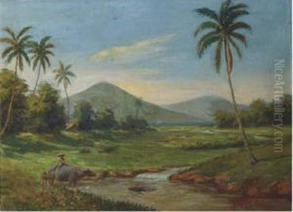 Water Buffaloes By A River, Java Oil Painting by Jan Van Aken