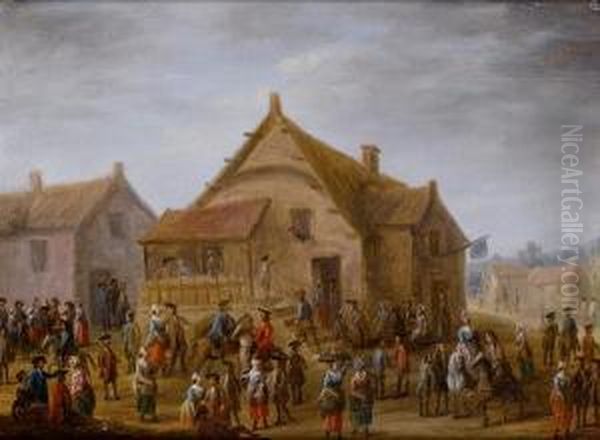 Horsemen And Peasants On A Crowded Villagestreet Oil Painting by Joseph van Aken