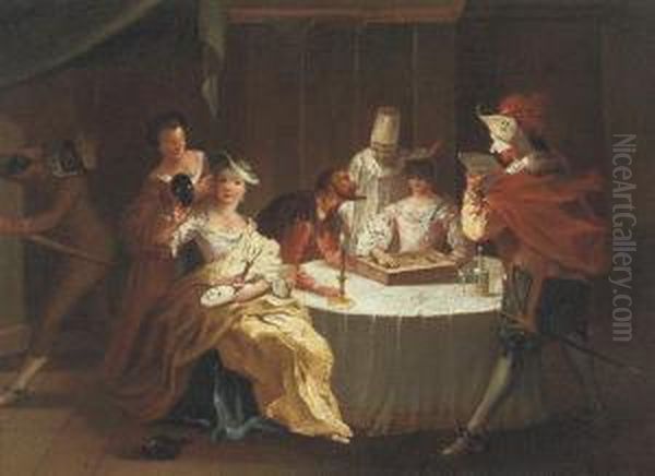 Interior With Commedia Dell'arte Zanies Playing A Board Game At A Candlelit Table Oil Painting by Joseph van Aken