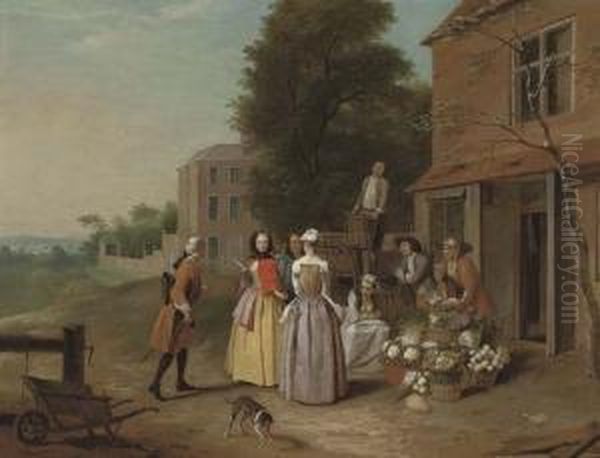 Elegant Company At A Vegetable Stall Oil Painting by Joseph van Aken