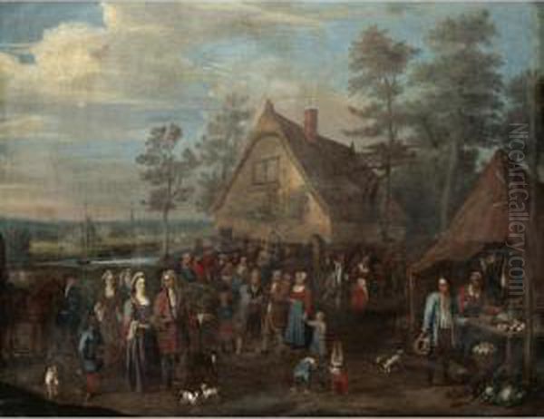 A Village Scene With A Noble Family Visiting A Peasant Feast Oil Painting by Joseph van Aken