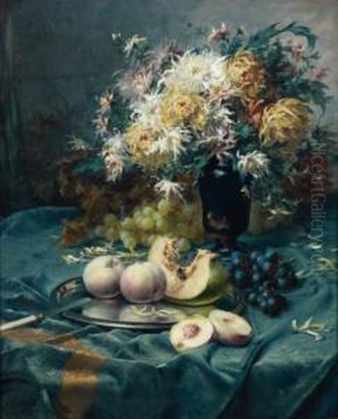 Nature Morte Aux Dahliast Aux Fruits Oil Painting by Leo Van Aken