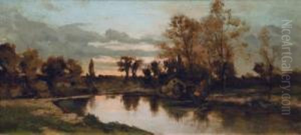 Fluslandschaft Mit Angler Im Abendrot Oil Painting by Leo Van Aken