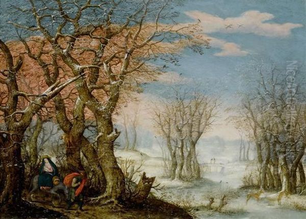 Winter Landscape With The Flight Into Egypt Oil Painting by Denys Van Alsloot