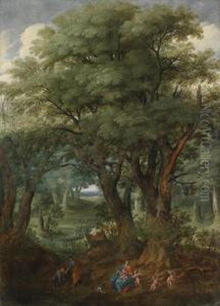 Wooded Landscape With The Rest On The Flightinto Egypt Oil Painting by Denys Van Alsloot