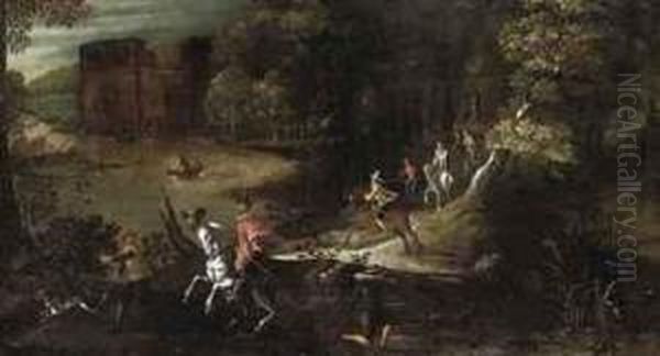 A Wooded River Landscape With A Hunting Party Oil Painting by Denys Van Alsloot