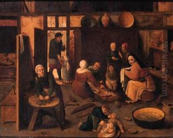 A Peasant Family In A Barn Oil Painting by Jan van Amstel