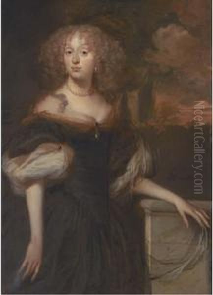 Portrait Of A Lady, Standing Three-quarter-length, Wearing A Pearl Necklace Oil Painting by Pieter Van Anraadt