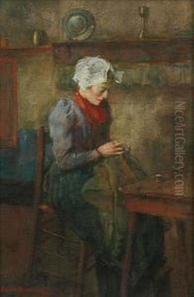 Seated Woman Sewing Within A Cottageinterior Oil Painting by Anton Van Anrooy