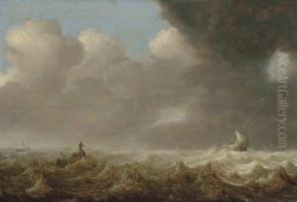 Fishing Boats In Rough Seas Oil Painting by Hendrik van Anthonissen