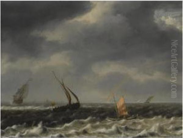 A Seascape With Dutch Shipping Vessels In Choppy Seas And A Rainbowin The Distance Oil Painting by Hendrik van Anthonissen