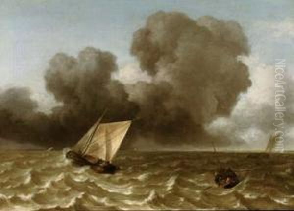 A 'smalschip', A Rowing Boat And Other Vessels In A Rough Sea Oil Painting by Hendrik van Anthonissen