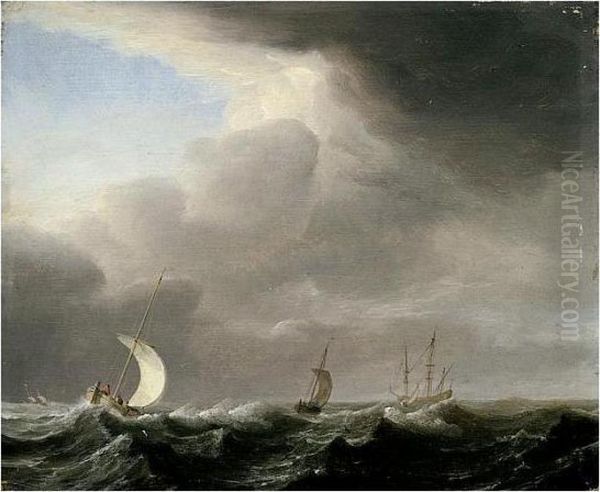 Fishing Pinks Running In Line Before A Stiff Breeze Towards A Distant Man O' War At Anchor Oil Painting by Hendrik van Anthonissen