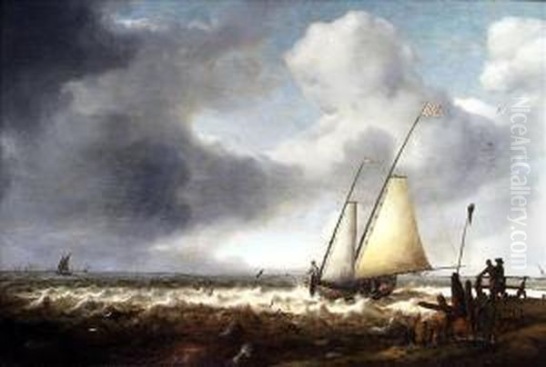 Ablustery Coastal Scene With A Fishing Boat By The Shore Oil Painting by Hendrik van Anthonissen