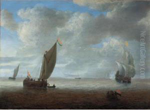 Dutch Coastal Vessels In A Light Breeze, A Man Of War Firing A Salute Beyond Oil Painting by Hendrik van Anthonissen