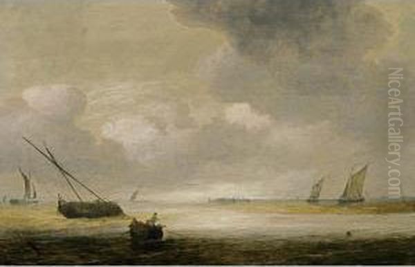 Shipping In A Calm With A Fishing Boat In The Foreground, And A Fortified Harbour In The Background Oil Painting by Hendrik van Anthonissen