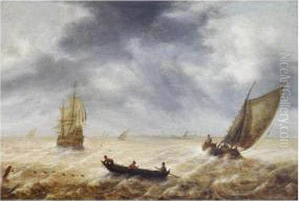 Fishermen In A Rowboat And Other Sailing Vessels In A Choppy Sea, A City In The Distance Oil Painting by Hendrik van Anthonissen