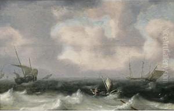 Fishing Boats In Stormy Seas, A Distant View Of A Town Oil Painting by Hendrik van Anthonissen