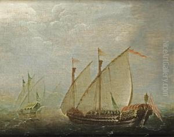 Two Galleys In Choppy Waters Oil Painting by Aert Anthonisz