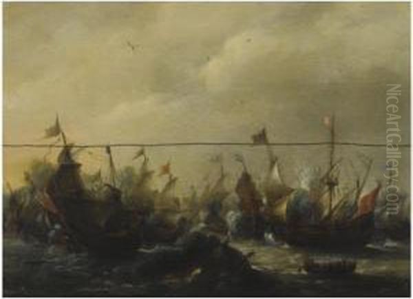 A Dutch Naval Battle Oil Painting by Aert Anthonisz