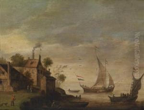 Sailing Boats Off A Coast Oil Painting by Thomas Van Apshoven