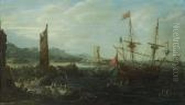 A Coastal Capriccio Scene With Numerousfigures In The Foreground Oil Painting by Andries Van Eertvelt