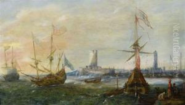 Seascape With A Foreign Harbour Oil Painting by Andries Van Eertvelt